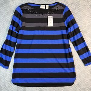 Chicos Zenergy Striped Tee Top Size 0 (Small) Embellished Boat Neck Blue Black